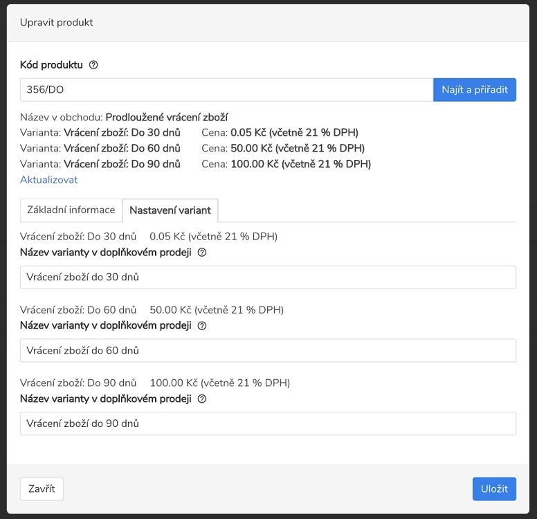 DoplnkovyProdejVKosiku_varianty produktu admin